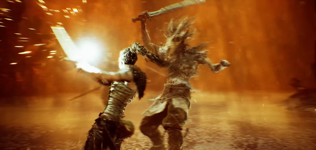 Воин сражается с монстром мечами в огне