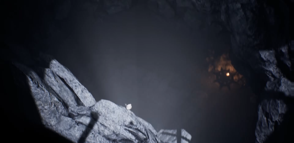 Белая бабочка сидит на серой скале в пещере