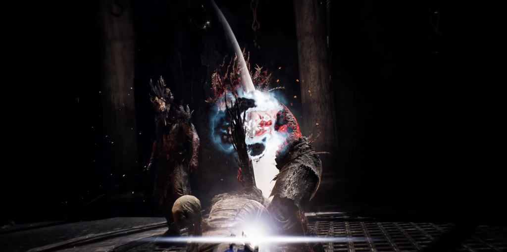 Воин сражается с монстром в тёмной пещере