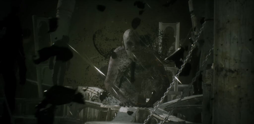 Лысый монстр вырывается из ванны в комнате