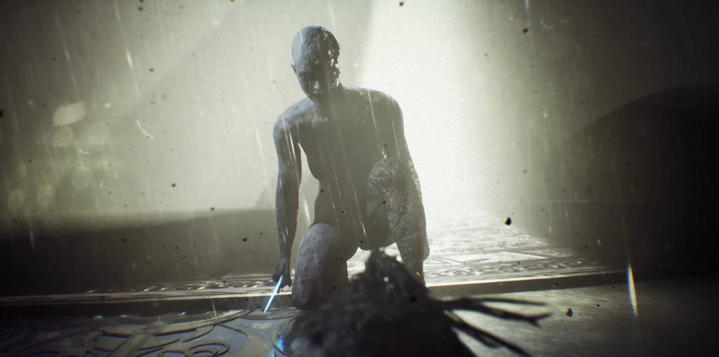 Лысая фигура на коленях в туманном зале