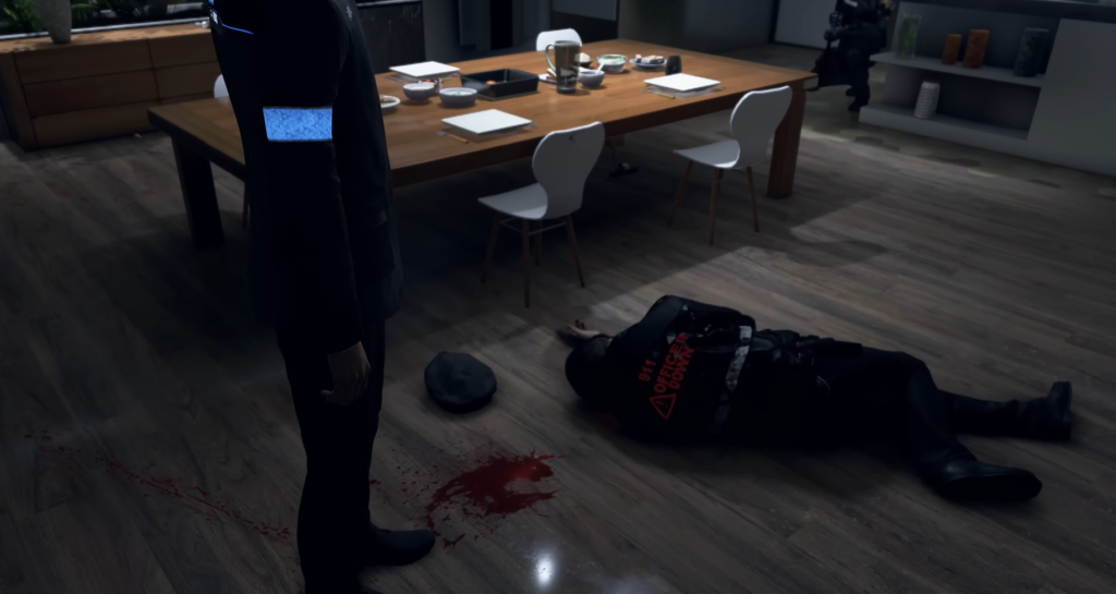 Андроид Connor из Detroit: Become Human стоит у тела в столовой