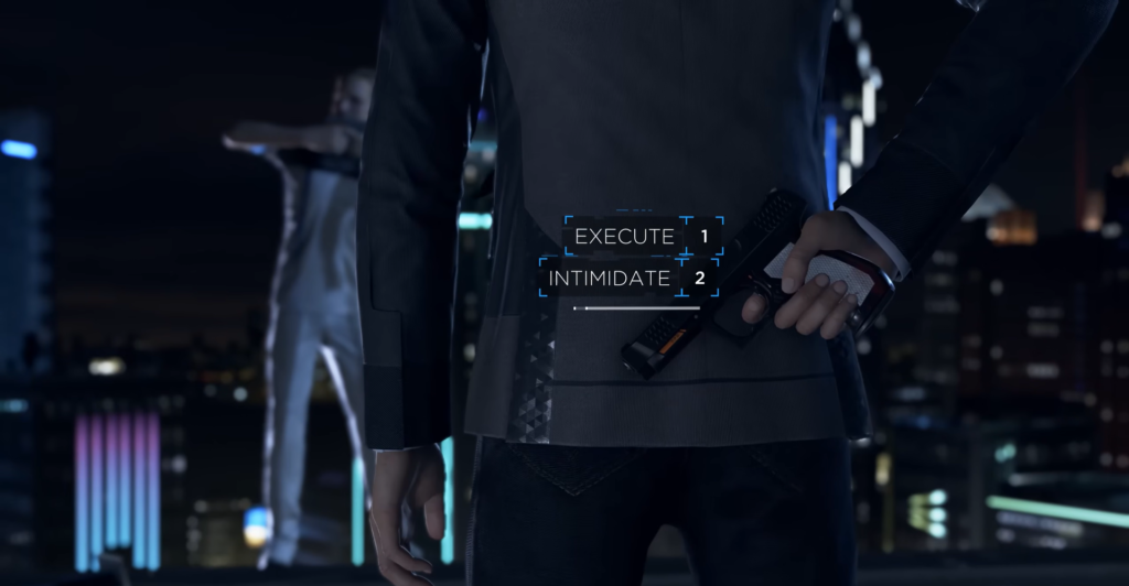 Андроид Connor из Detroit: Become Human держит пистолет ночью