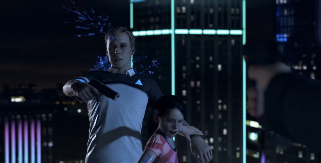 Коннор из Detroit: Become Human целится пистолетом ночью