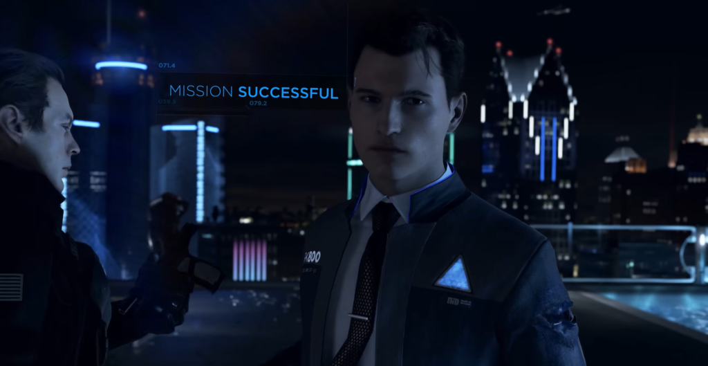 Коннор из Detroit: Become Human стоит на крыше ночью
