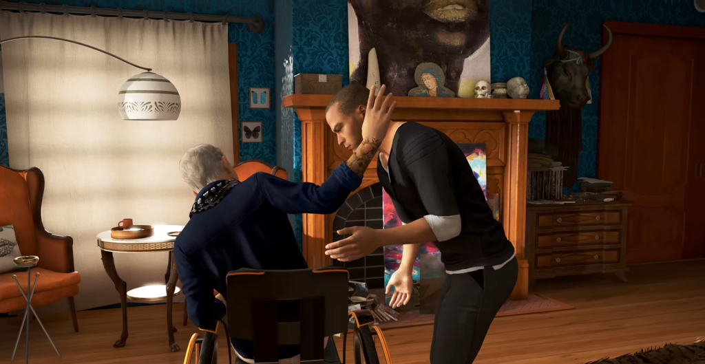 Мужчина в инвалидной коляске бьёт мужчину в комнате