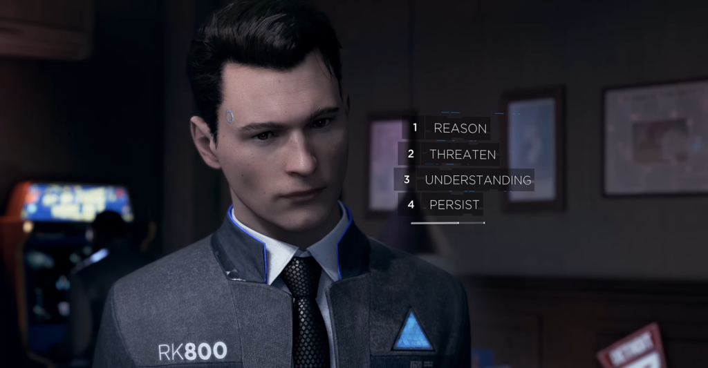 Коннор из Detroit: Become Human выбирает варианты диалога в комнате
