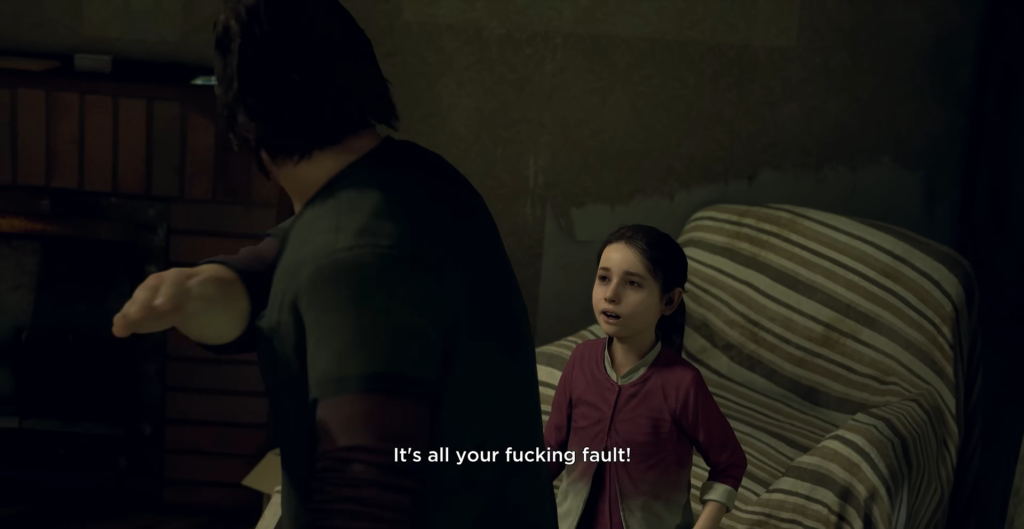 Мужчина кричит на девочку в комнате с диваном