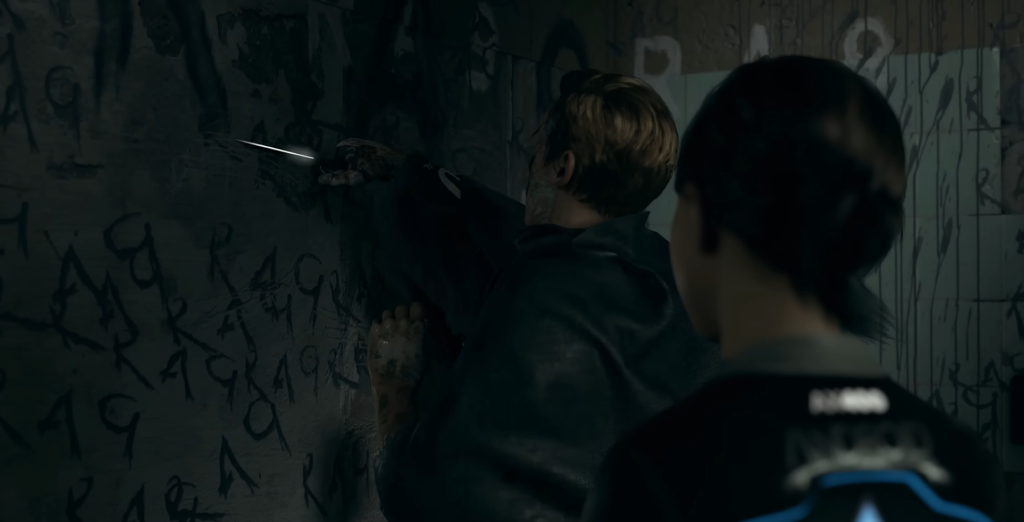 Коннор из Detroit: Become Human смотрит на мужчину у стены