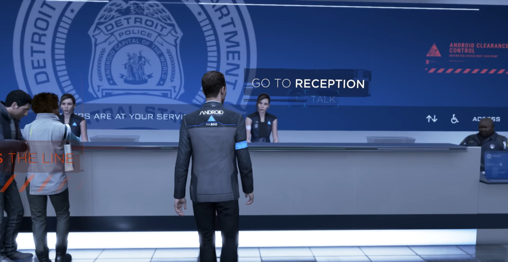 Коннор из Detroit: Become Human стоит у стойки ресепшн