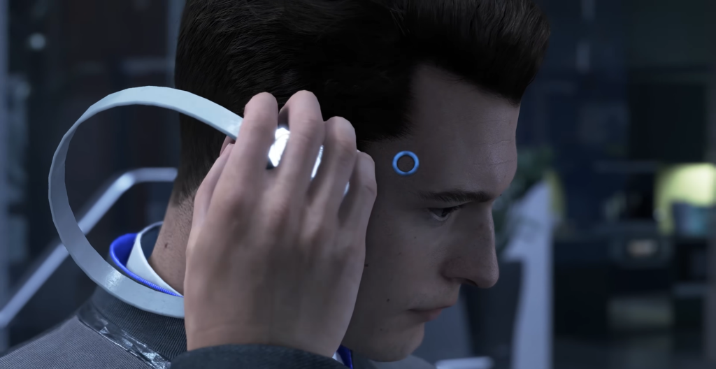 Коннор из Detroit: Become Human надевает белый обруч в лаборатории