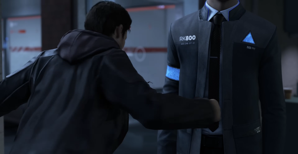 Мужчина бьёт андроида RK800 в помещении Detroit: Become Human