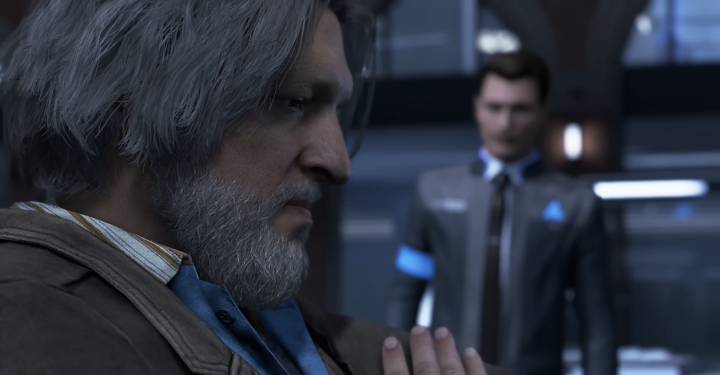 Хэнк Андерсон сидит в участке, Коннор позади