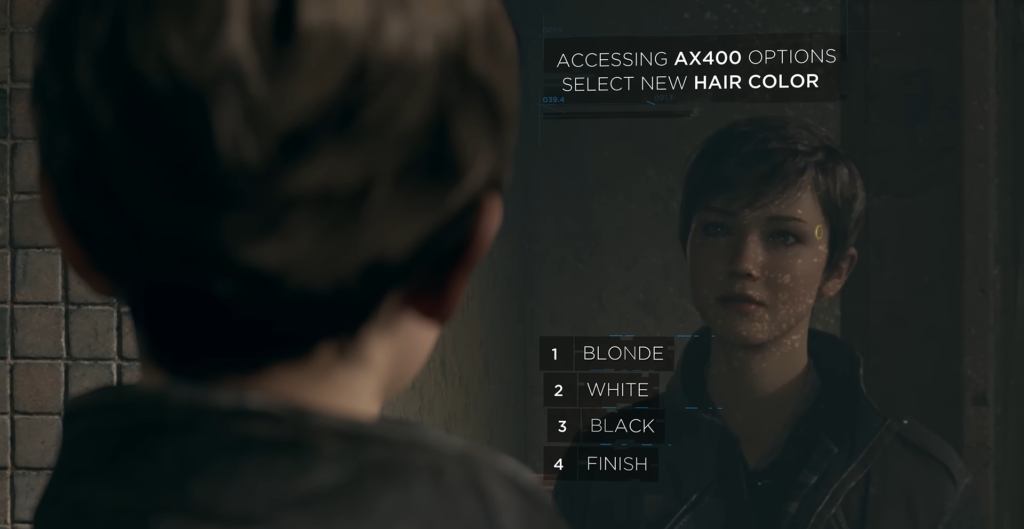 Андроид AX400 выбирает цвет волос у зеркала