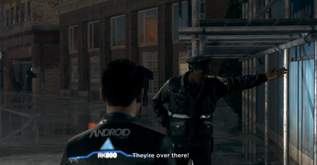 Коннор Detroit: Become Human слушает полицейского на улице