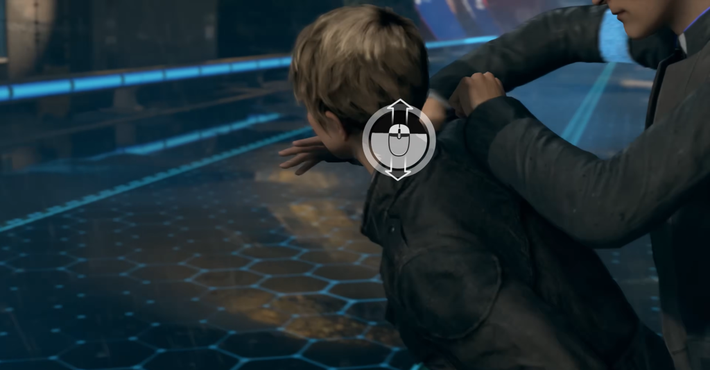 Мужчина удерживает мальчика в футуристическом помещении