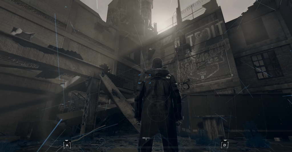 Человек в чёрном плаще стоит во дворе руин