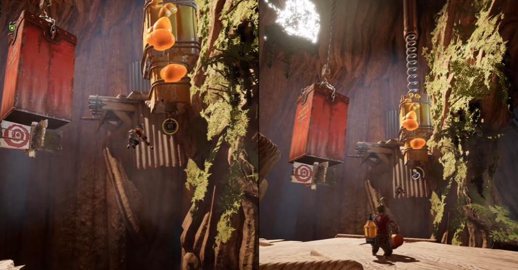 Персонажи It Takes Two прыгают по платформам в каньоне