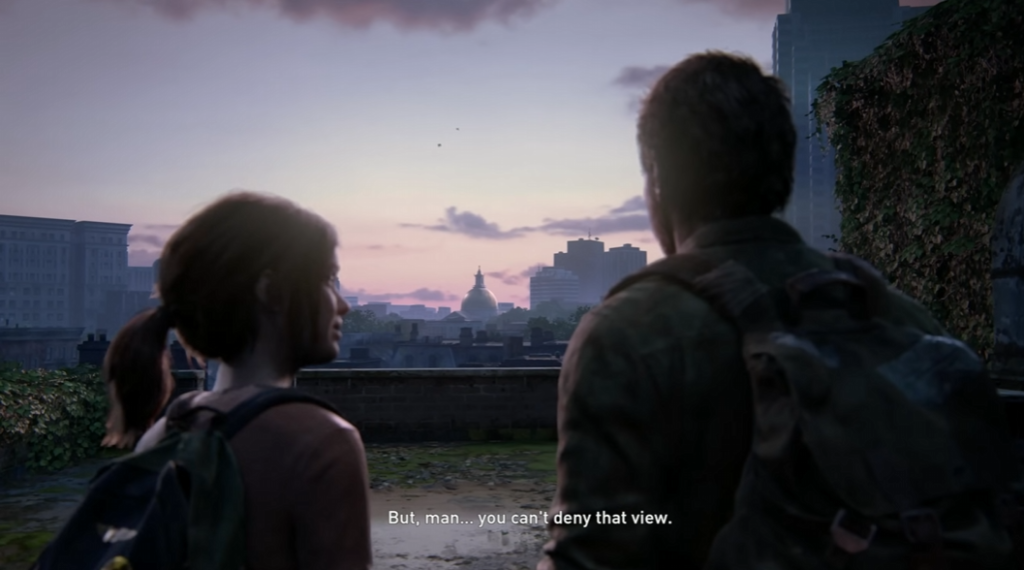 Элли и Джоэл смотрят на город на закате, The Last of Us