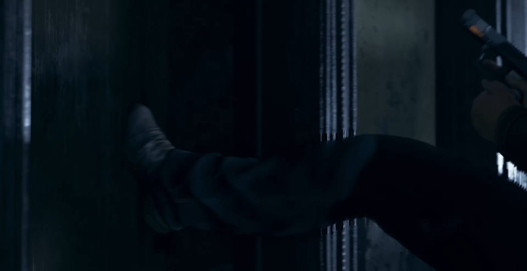 Нога в ботинке пинает дверь в коридоре