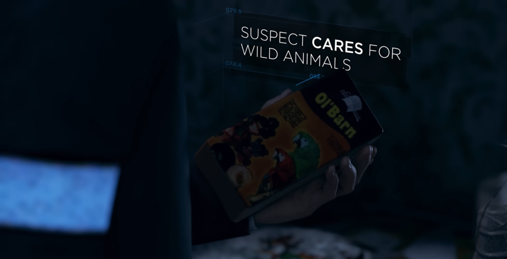 Рука держит корм для птиц, интерфейс игры Detroit: Become Human