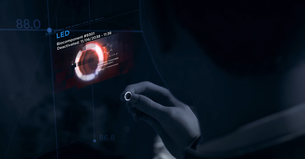 Рука держит биокомпонент LED перед голографическим экраном
