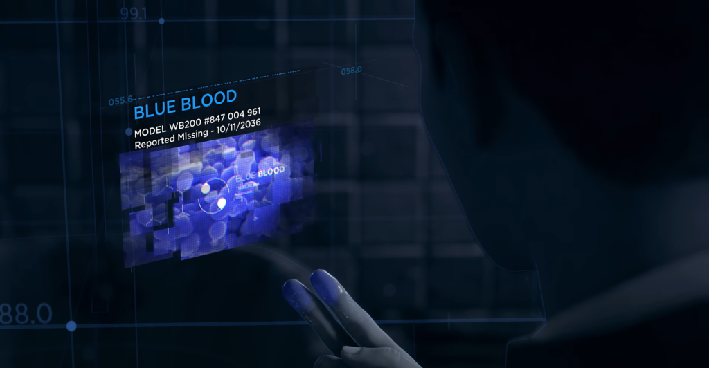 Рука управляет синим голографическим интерфейсом BLUE BLOOD