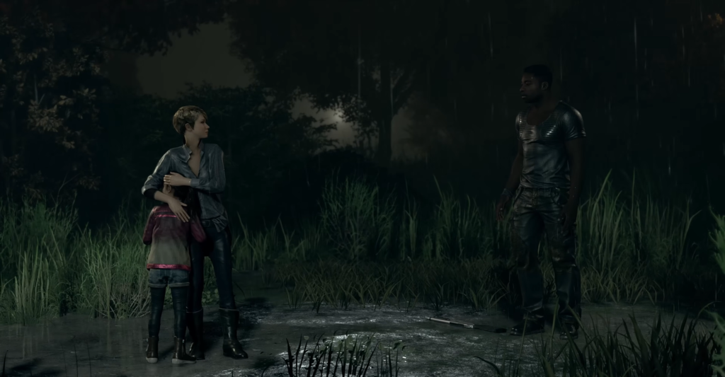 Женщина обнимает девочку под дождём в лесу