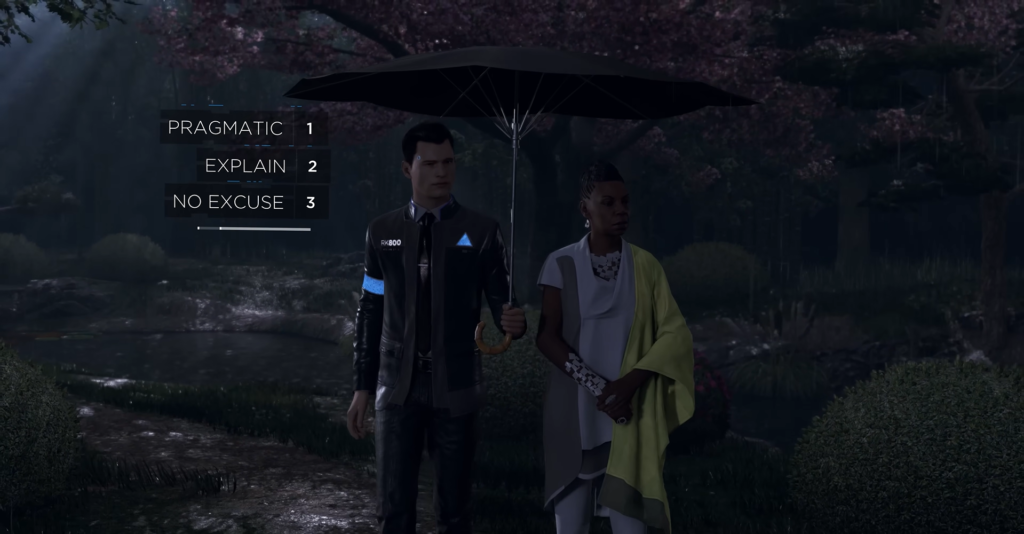 Коннор из Detroit: Become Human держит зонт в саду