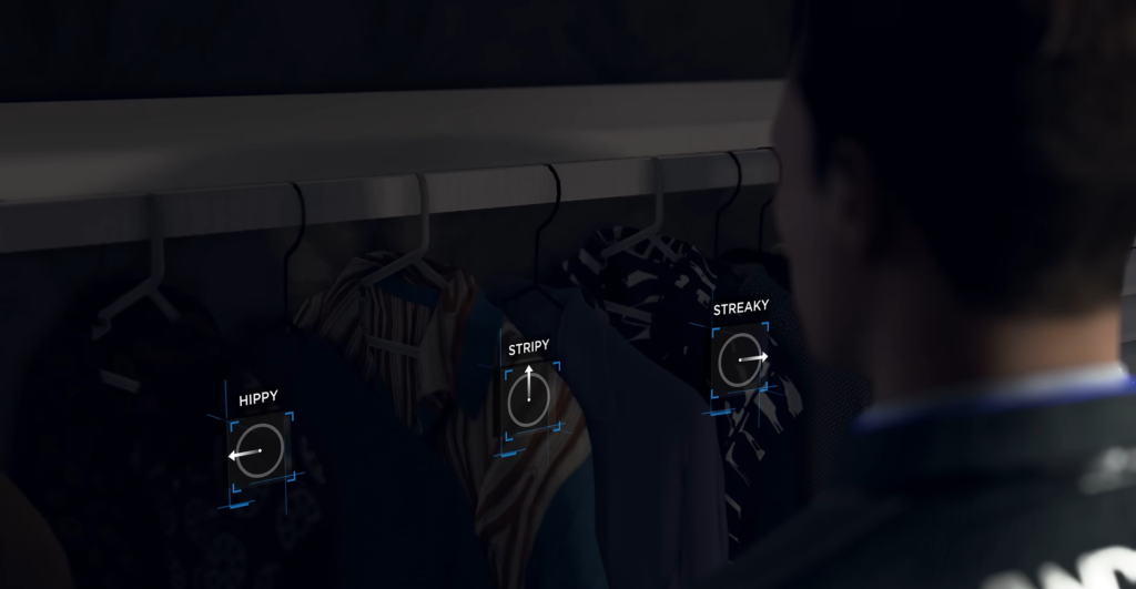 Выбор одежды на вешалках в шкафу в игре Detroit: Become Human