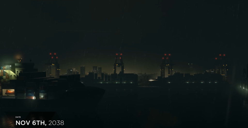 Ночной порт под дождём с кранами и огнями