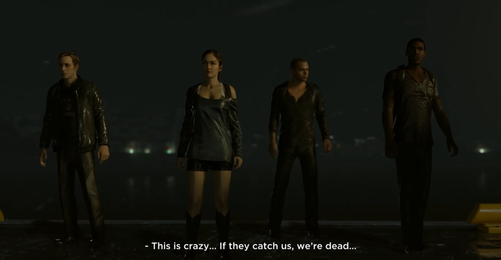 Четыре человека стоят ночью под дождём на улице