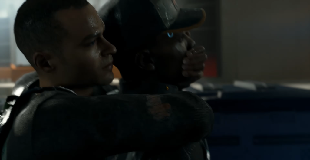 Андроид Connor из Detroit: Become Human держит пистолет в комнате