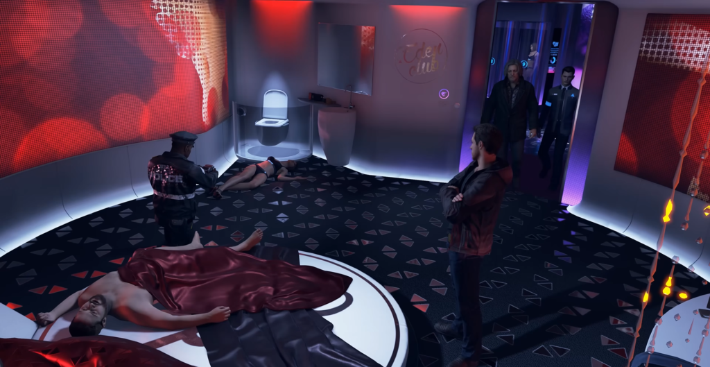 Коннор и Хэнк входят в клуб, полиция осматривает тела