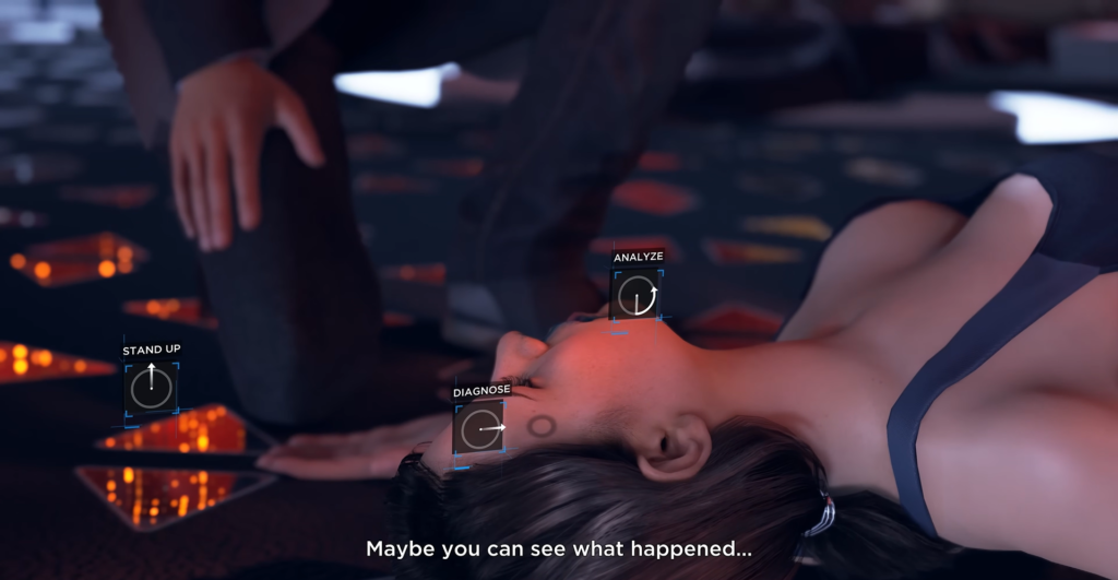 Коннор из Detroit: Become Human анализирует лежащую женщину в комнате