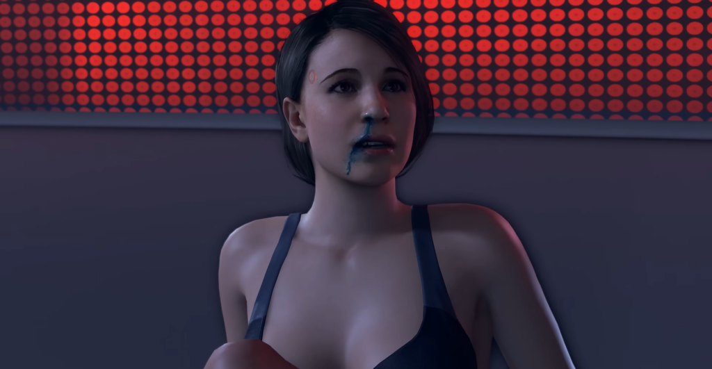 Девушка сидит у стены на красном фоне