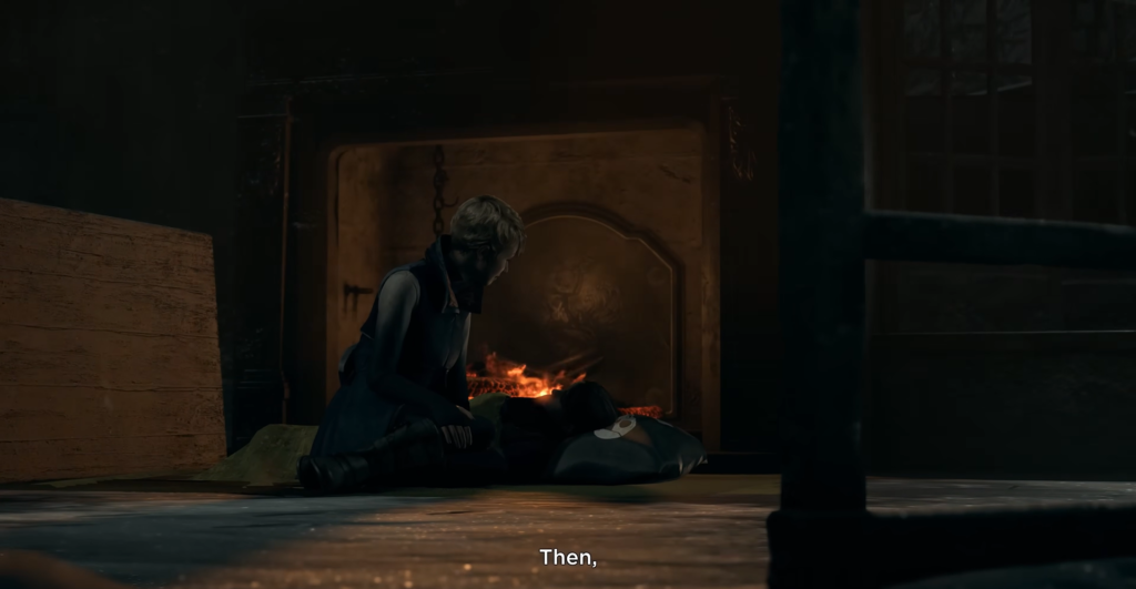 Женщина сидит у камина рядом с лежащим человеком