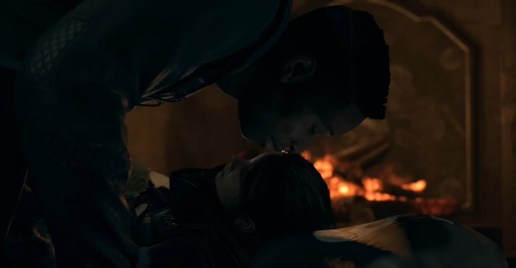 Мужчина целует женщину у камина в комнате