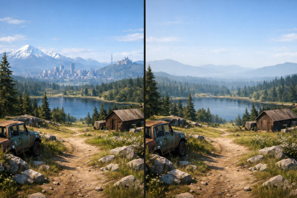 Горная долина с озером, домом и ржавым автомобилем