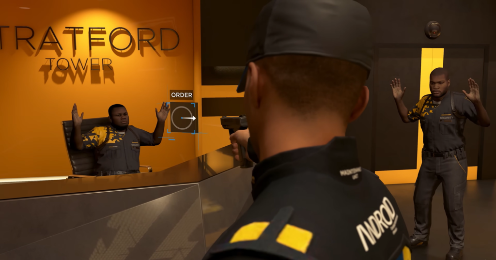 Охранник держит на прицеле охранника в офисе