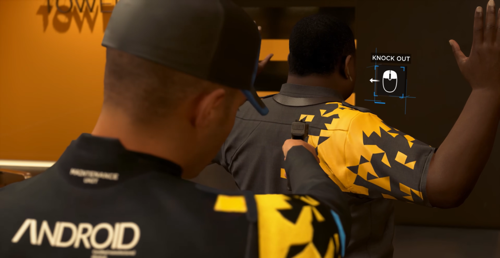 Андроид Connor из Detroit: Become Human держит мужчину у стены