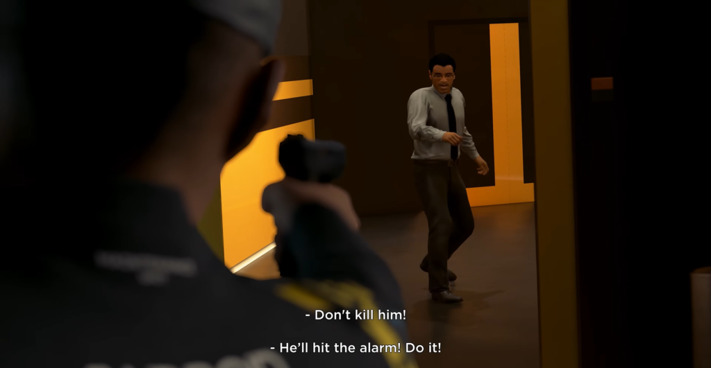 Полицейский целится в мужчину в офисном коридоре