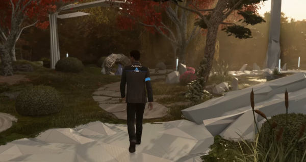 Коннор из Detroit: Become Human идет по саду