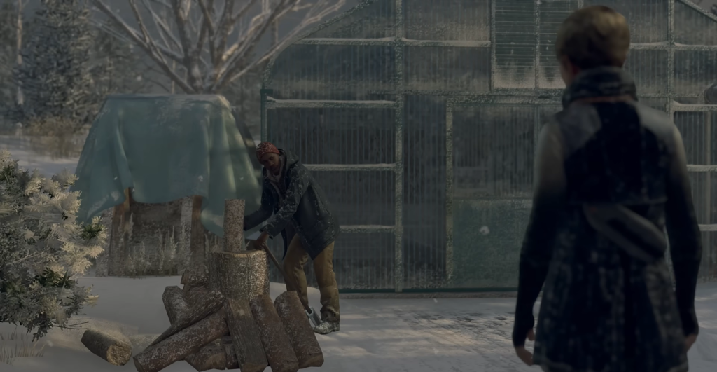 Мужчина рубит дрова у теплицы зимой