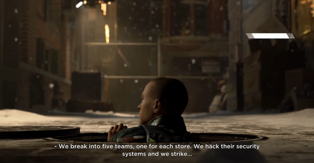 Мальчик выглядывает из люка на заснеженной улице