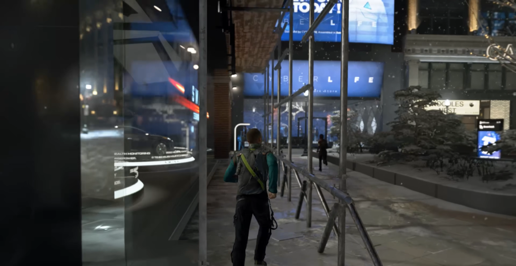 Персонаж бежит по заснеженной городской улице ночью