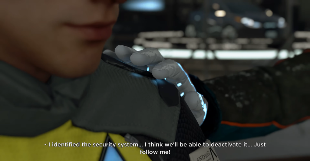 Рука андроида касается плеча человека в помещении