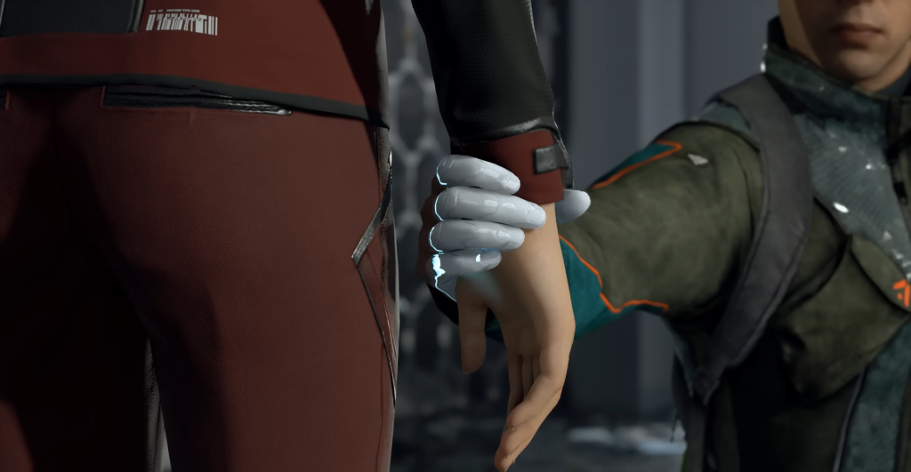 Робот держит руку женщины в помещении