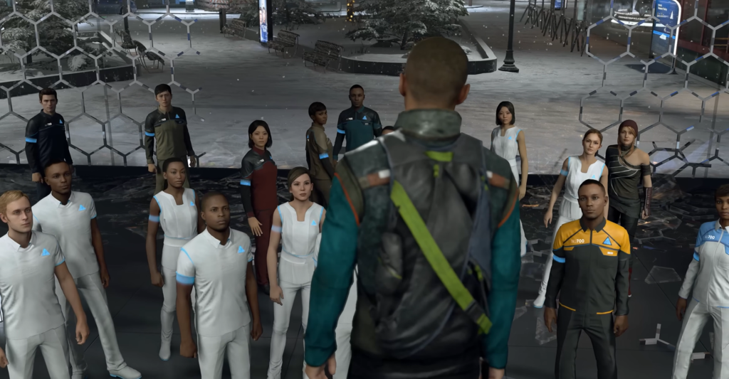 Маркус из Detroit: Become Human стоит перед андроидами в лагере