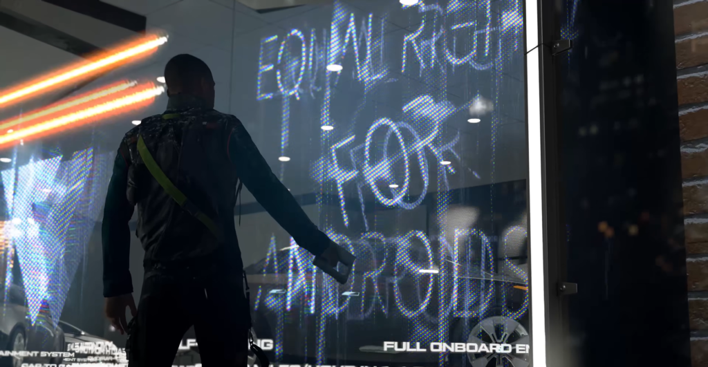 Мужчина смотрит на витрину с неоновой надписью ночью